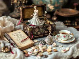 Les objets anciens et leurs mémoire. Bijoux boite à musique et livre d'autrefois, souvenirs d'époque.