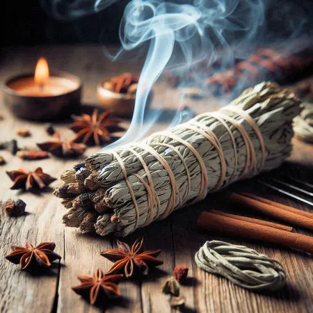 fumée de batonnets d'encens de sauge.
