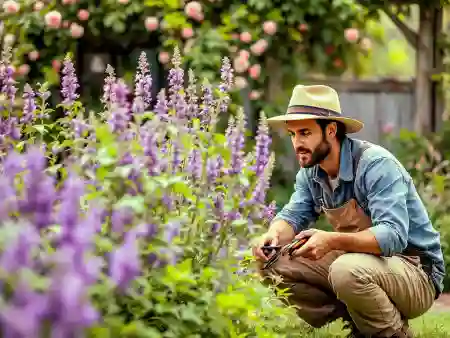 Le jardinier devant le plan de sauge officinale.