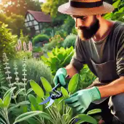 Récolte de la sauge par le jardinier. La Récolte de la sauge au jardin.