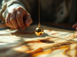 Le pendule de recherche sur photo. Le pendule dans la main du radiesthésiste sur plan.