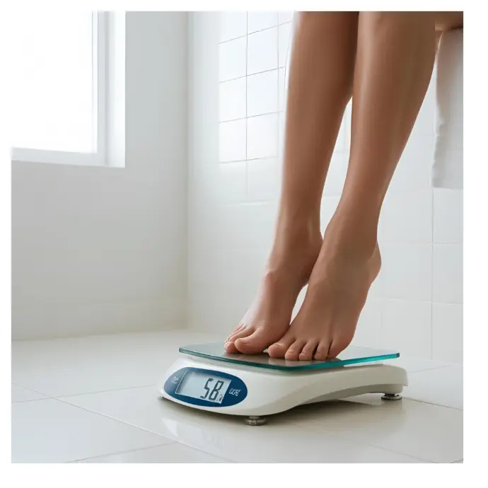 Le pèse personne et la femme qui se pèse pieds nus. Pieds nus de femme sur un pèse personne avec 58 kg.