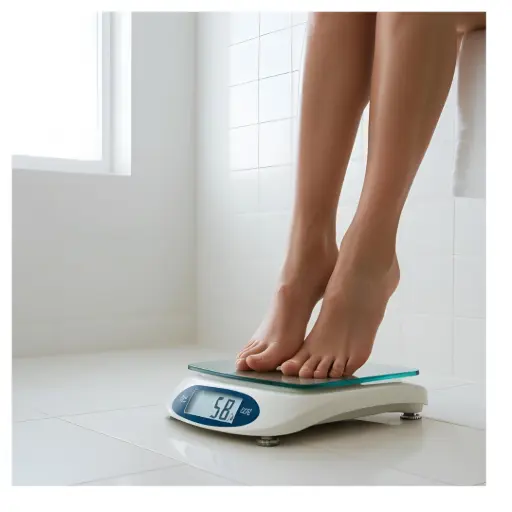 Le pèse personne et la femme qui se pèse pieds nus. Pieds nus de femme sur un pèse personne avec 58 kg.